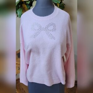 NWT CeCe Long Sleeve Soft Crew Neck Baby Pink Sweater Silver Crystal Bow M